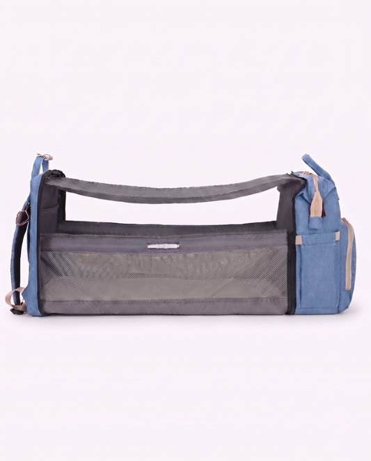 Sky blue foldable nappy bag backpack converted to portable travel cot bassinet for newborns