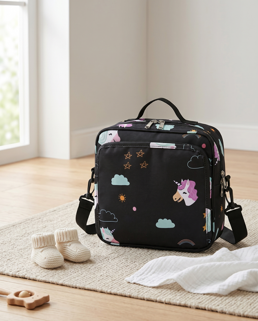 Compact nappy bag black unicorn print with crossbody strap, styled with baby booties and muslin on nursery floor