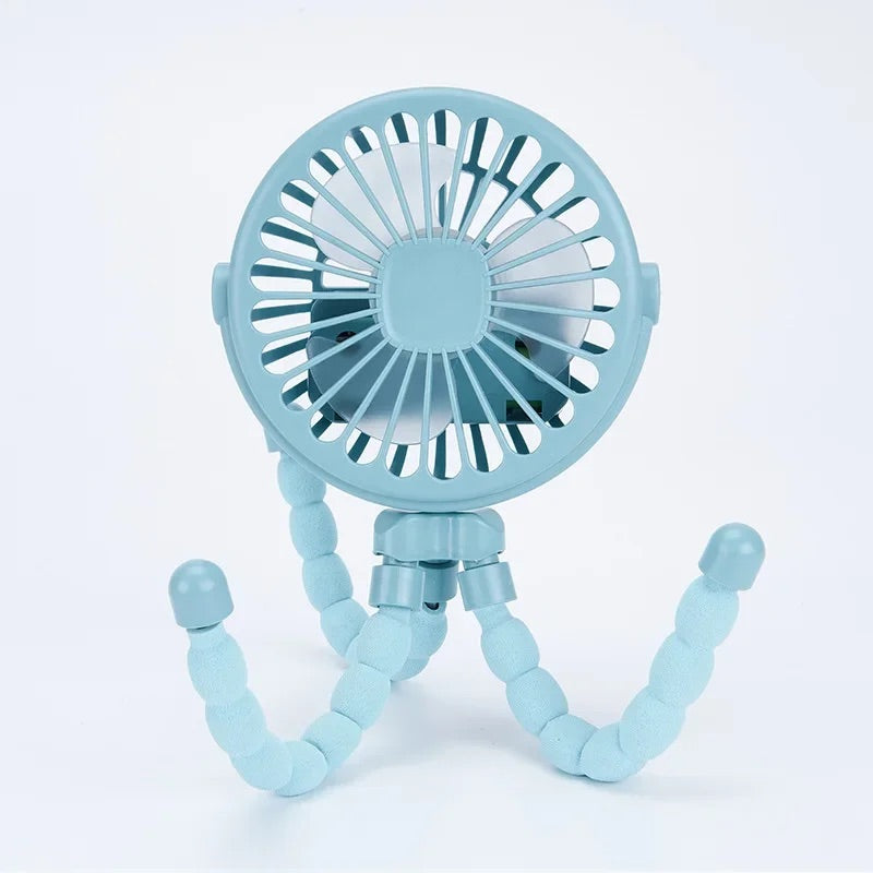 Blue stroller fan with flexible tripod legs designed for baby strollers.