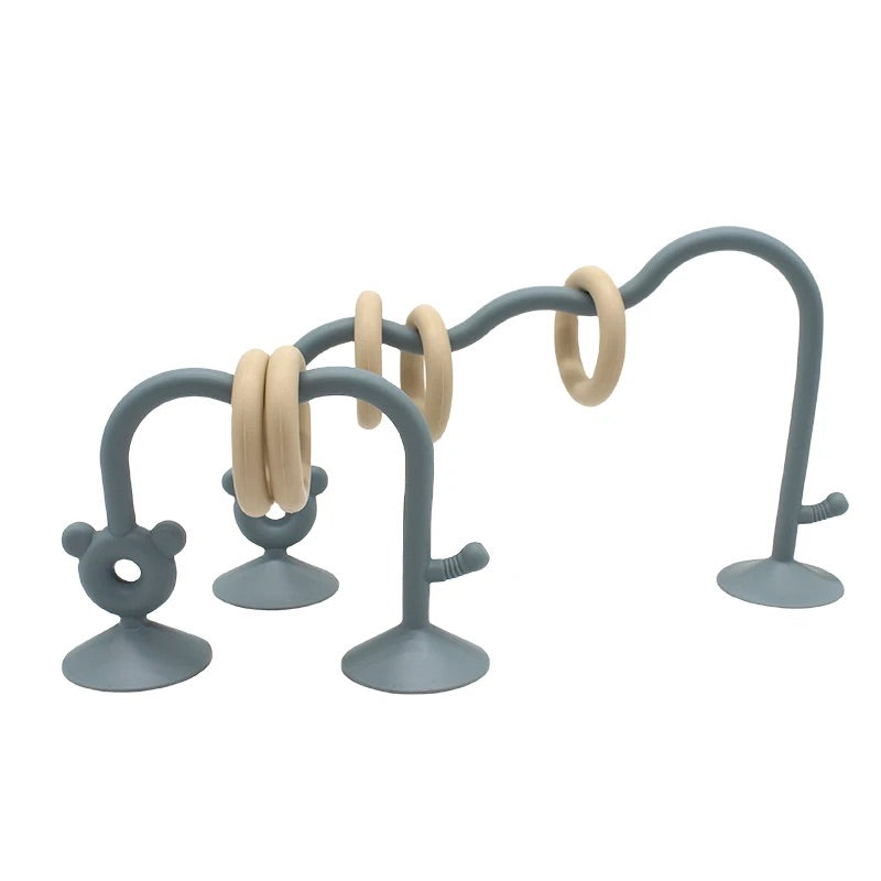 Silicone bead maze toy in blue color designed for high chair sensory activity.