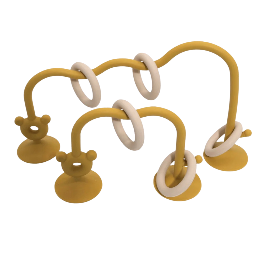 Yellow silicone bead maze toy featuring smooth curves and sliding rings.