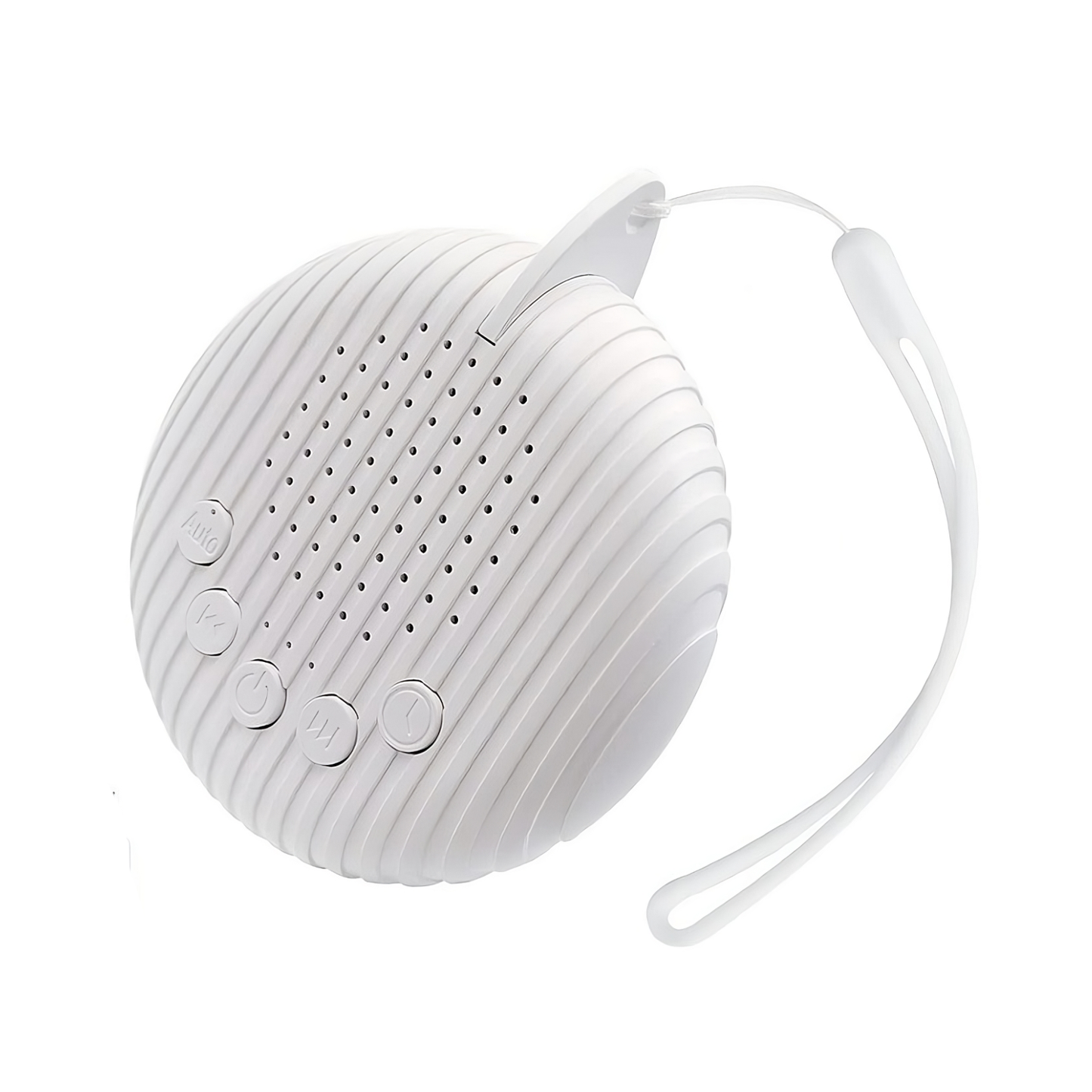 Close-up of portable white noise machine with control buttons and speaker design
