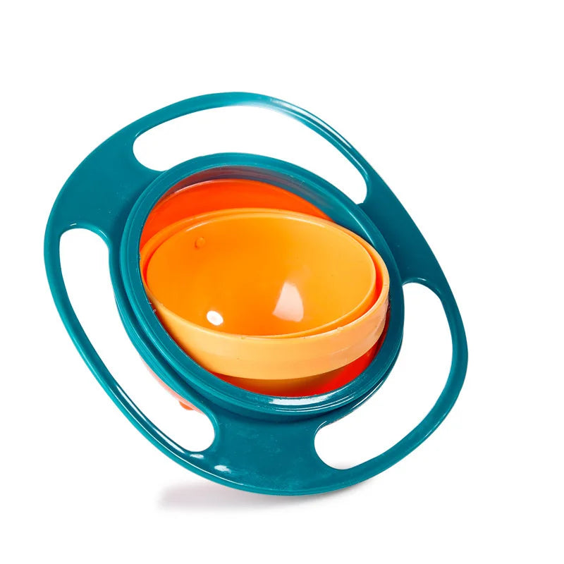 Spill proof gyro bowl for kids with 360 degree rotating design to prevent food spills.