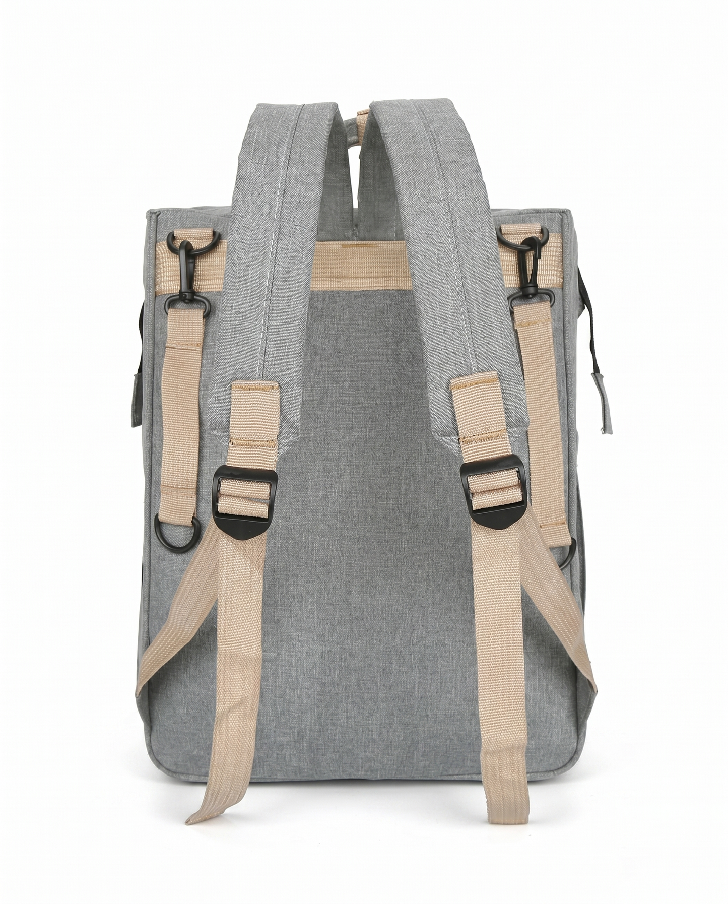 Grey baby nappy bag backpack back view showing padded adjustable shoulder straps and beige hardware