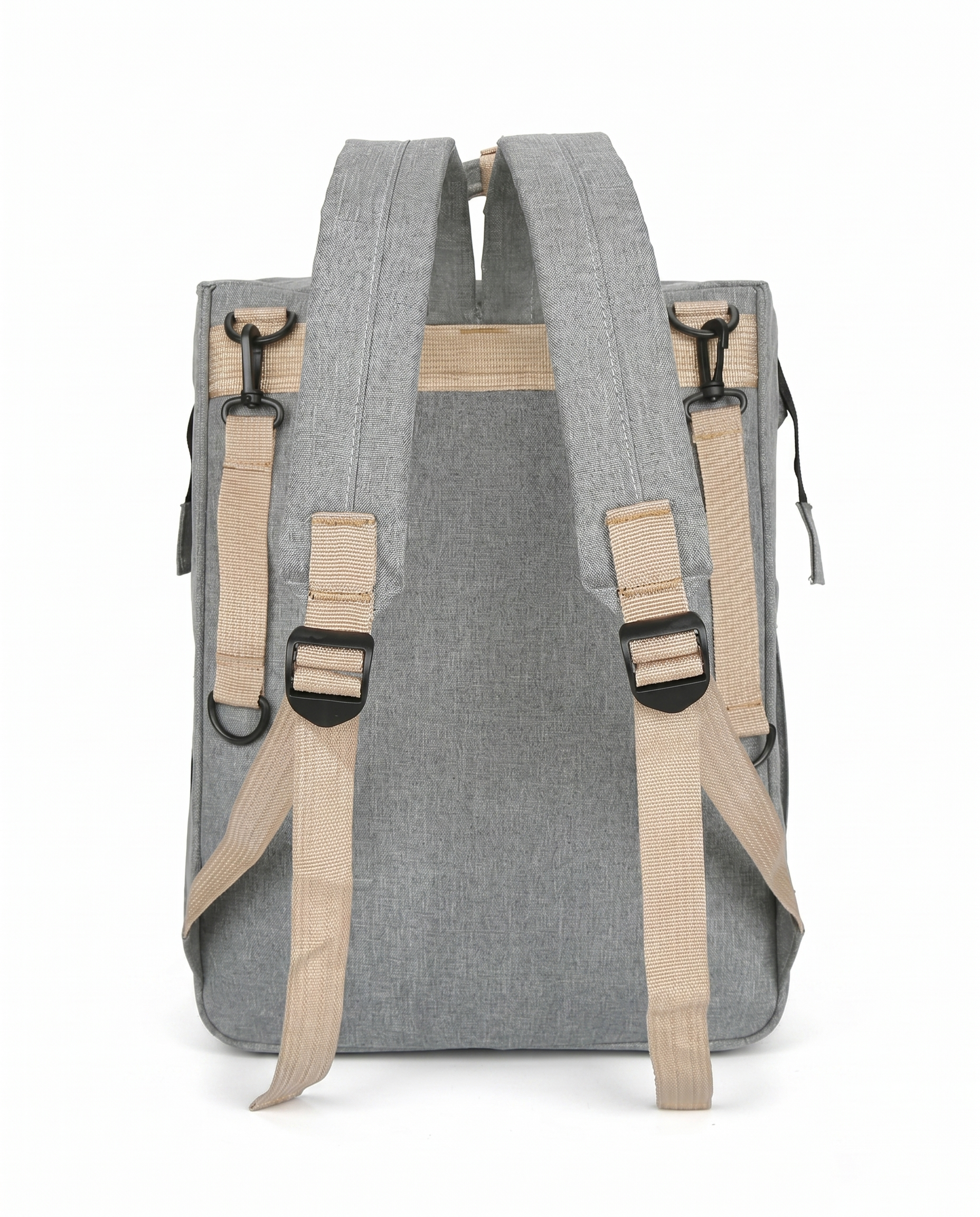 Grey baby nappy bag backpack back view showing padded adjustable shoulder straps and beige hardware