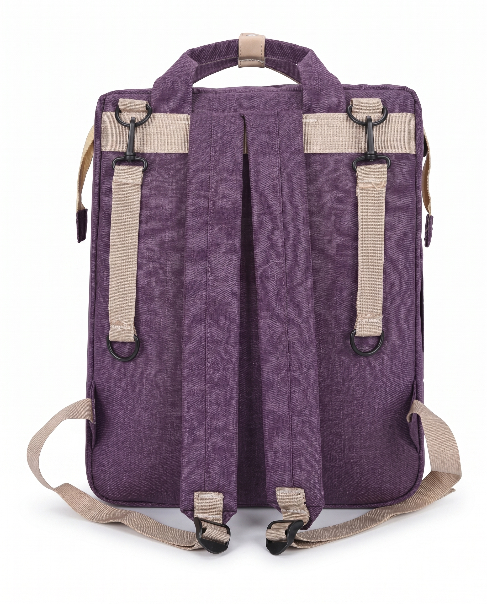 Purple foldable baby diaper backpack rear view with adjustable beige shoulder straps and carry handle