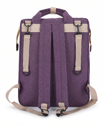 Purple foldable baby diaper backpack rear view with adjustable beige shoulder straps and carry handle