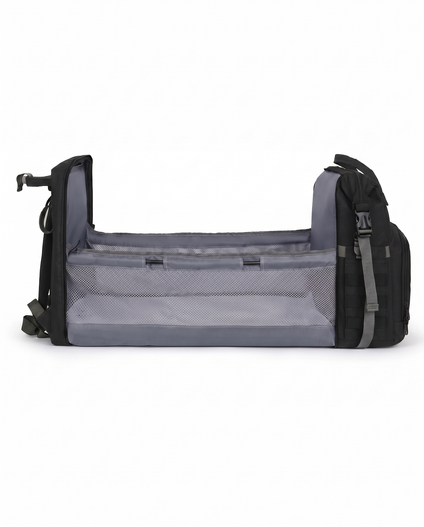 Black foldable baby nappy bag backpack converted into portable travel bassinet cot with mesh sides 