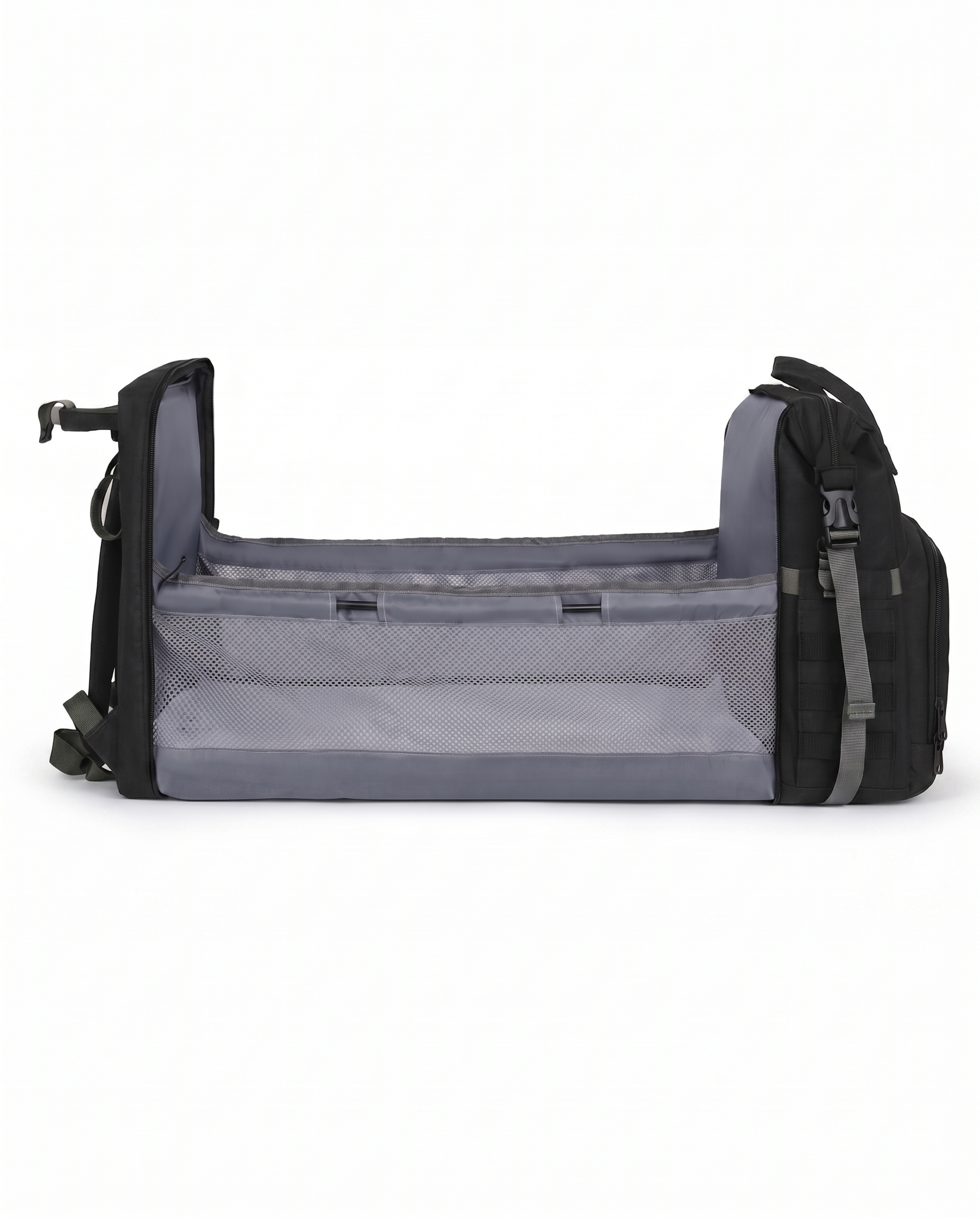 Black foldable baby nappy bag backpack converted into portable travel bassinet cot with mesh sides 