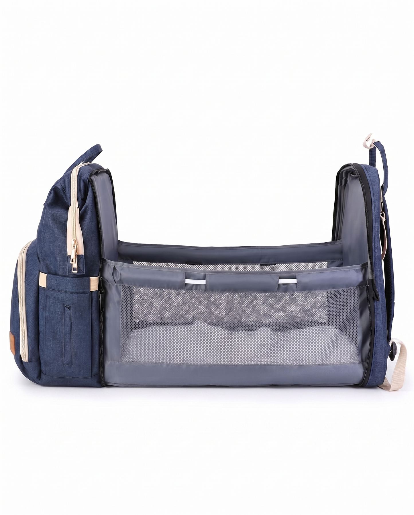 Navy blue foldable baby diaper backpack unfolded into portable travel cot bassinet