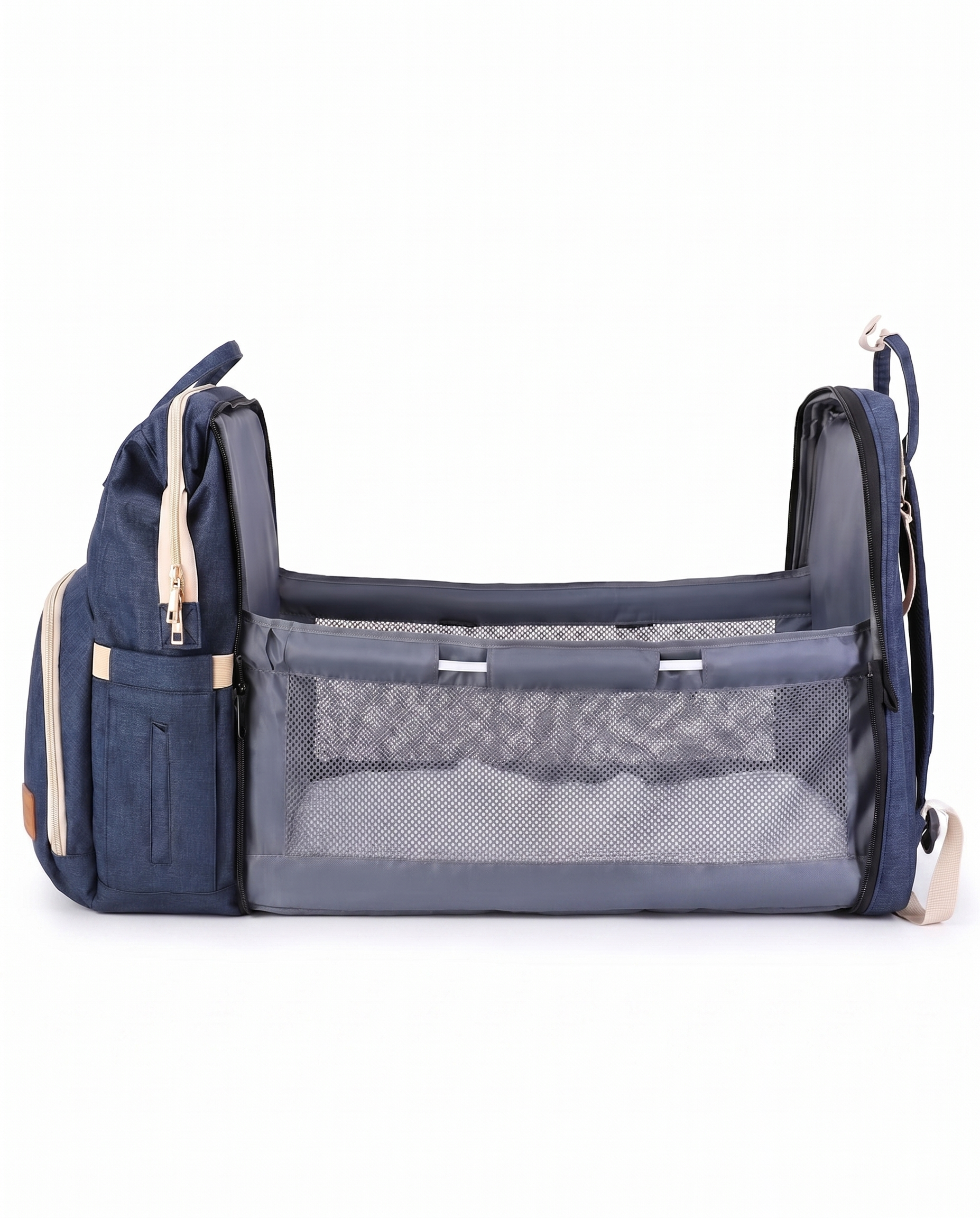 Navy blue foldable baby diaper backpack unfolded into portable travel cot bassinet