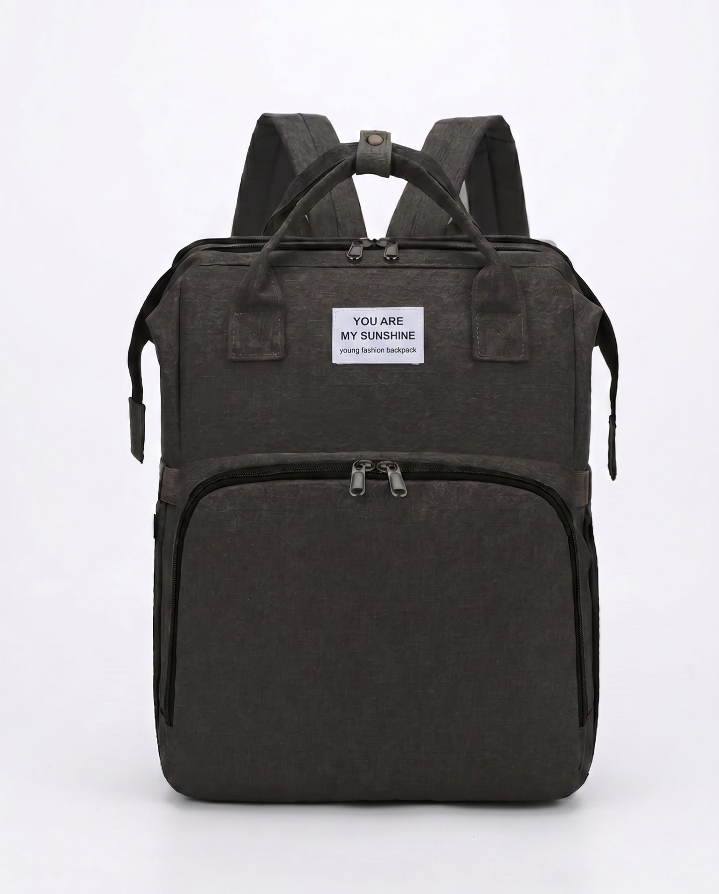Black foldable baby diaper bag backpack with dual carry handles and large front zip pocket