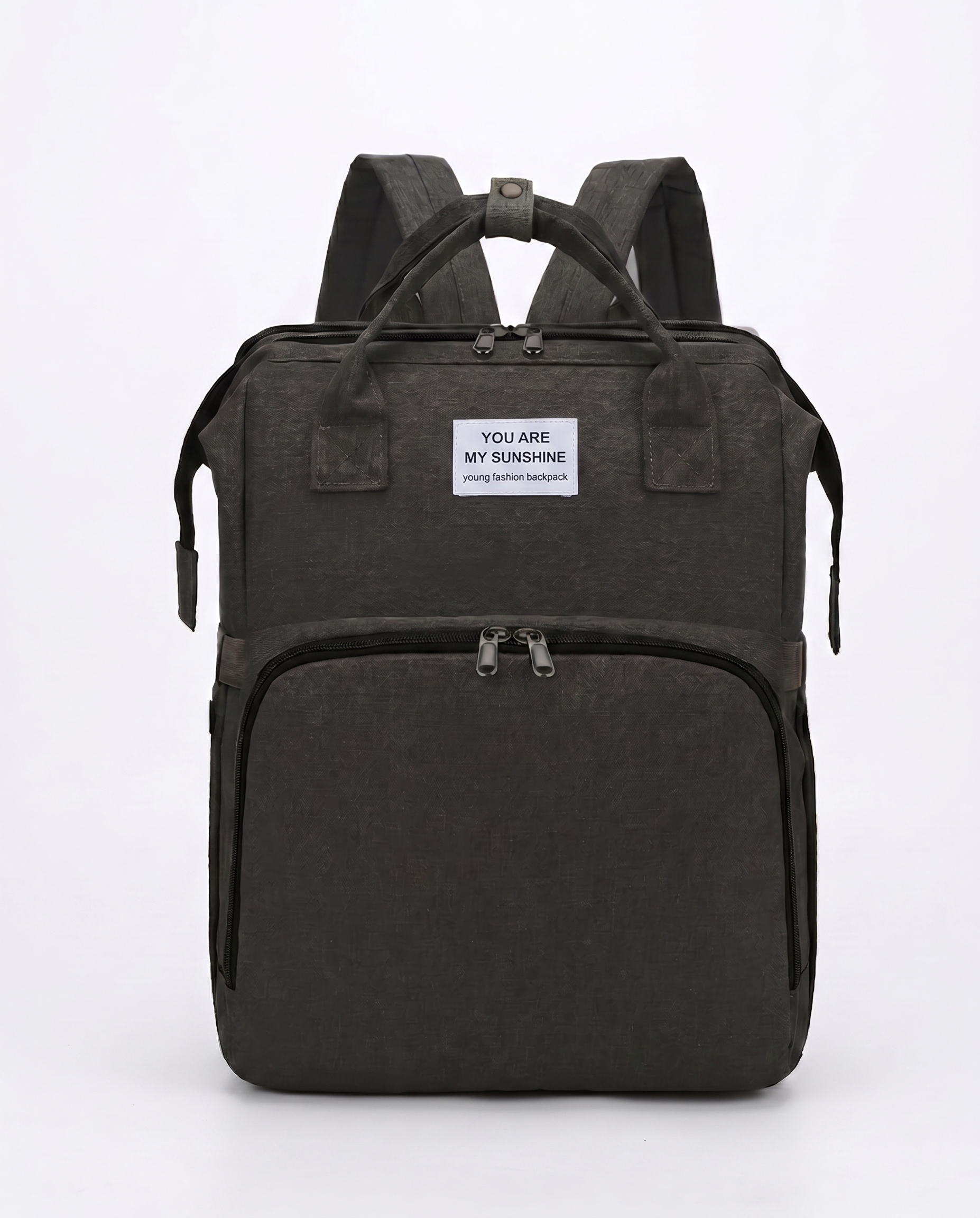 Black foldable baby diaper bag backpack with dual carry handles and large front zip pocket