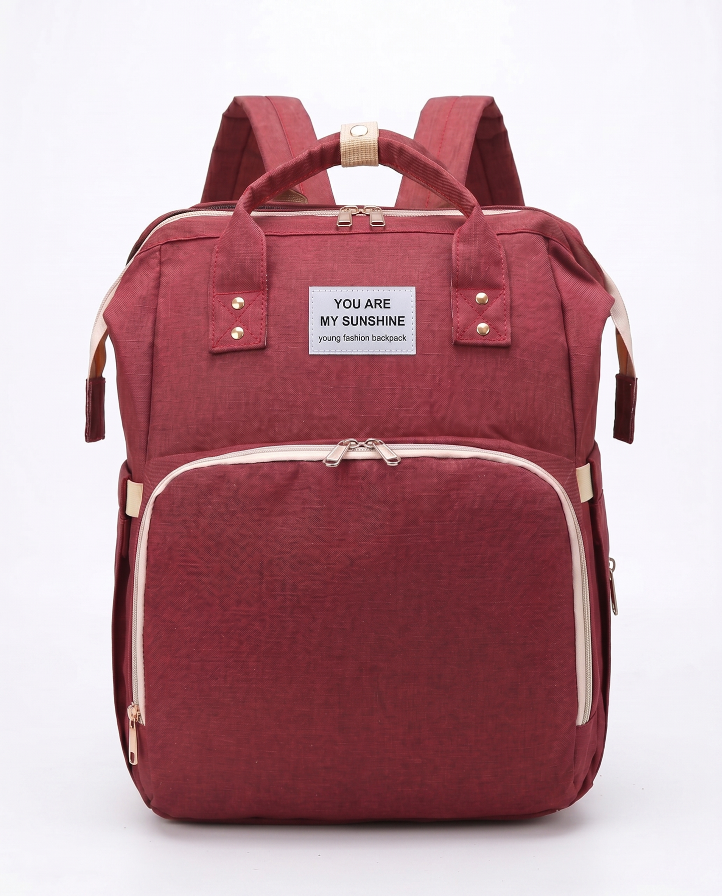 Red foldable baby nappy bag backpack with cream trim