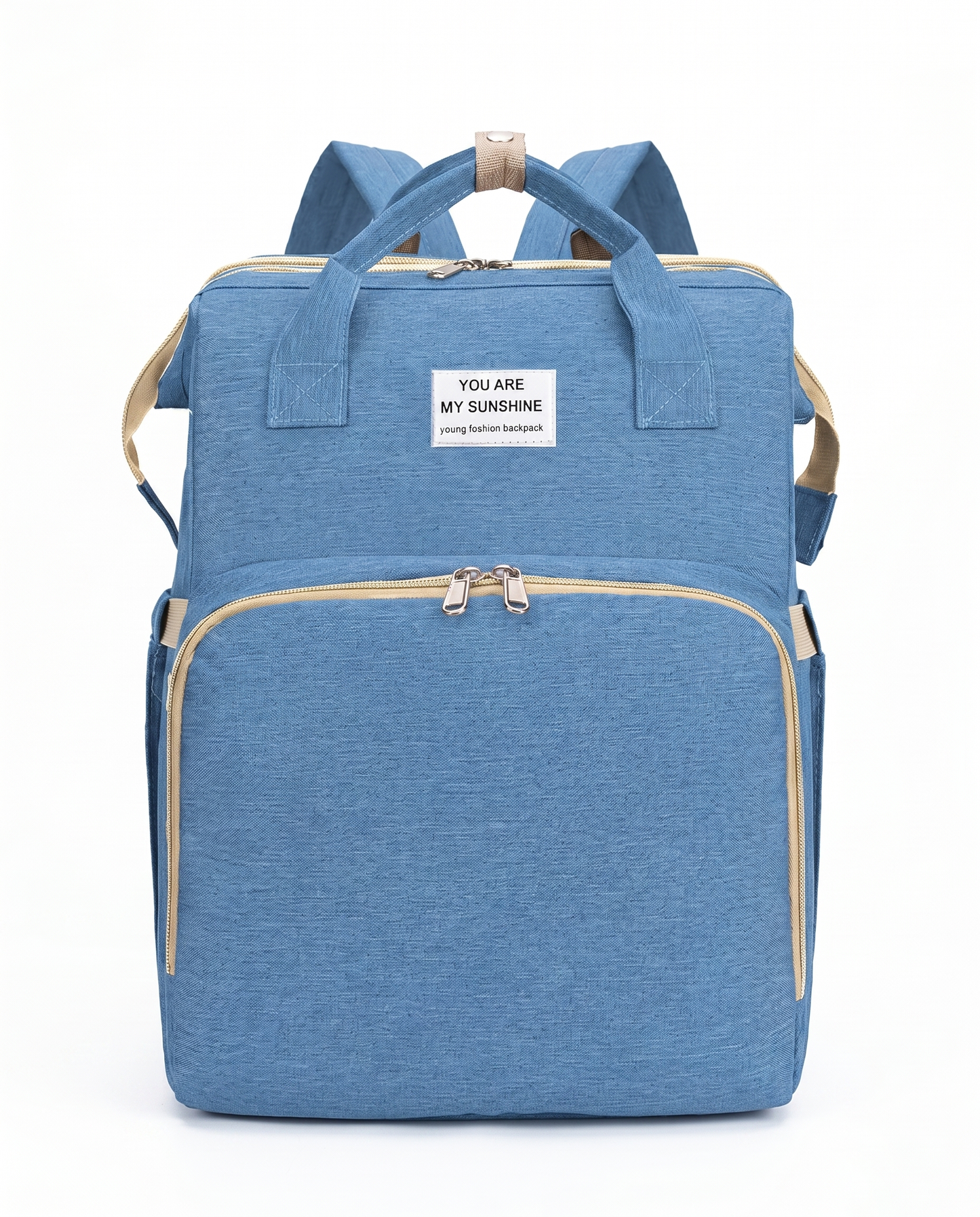 Sky blue foldable nappy bag backpack with beige trim and multiple zip compartments for new parents
