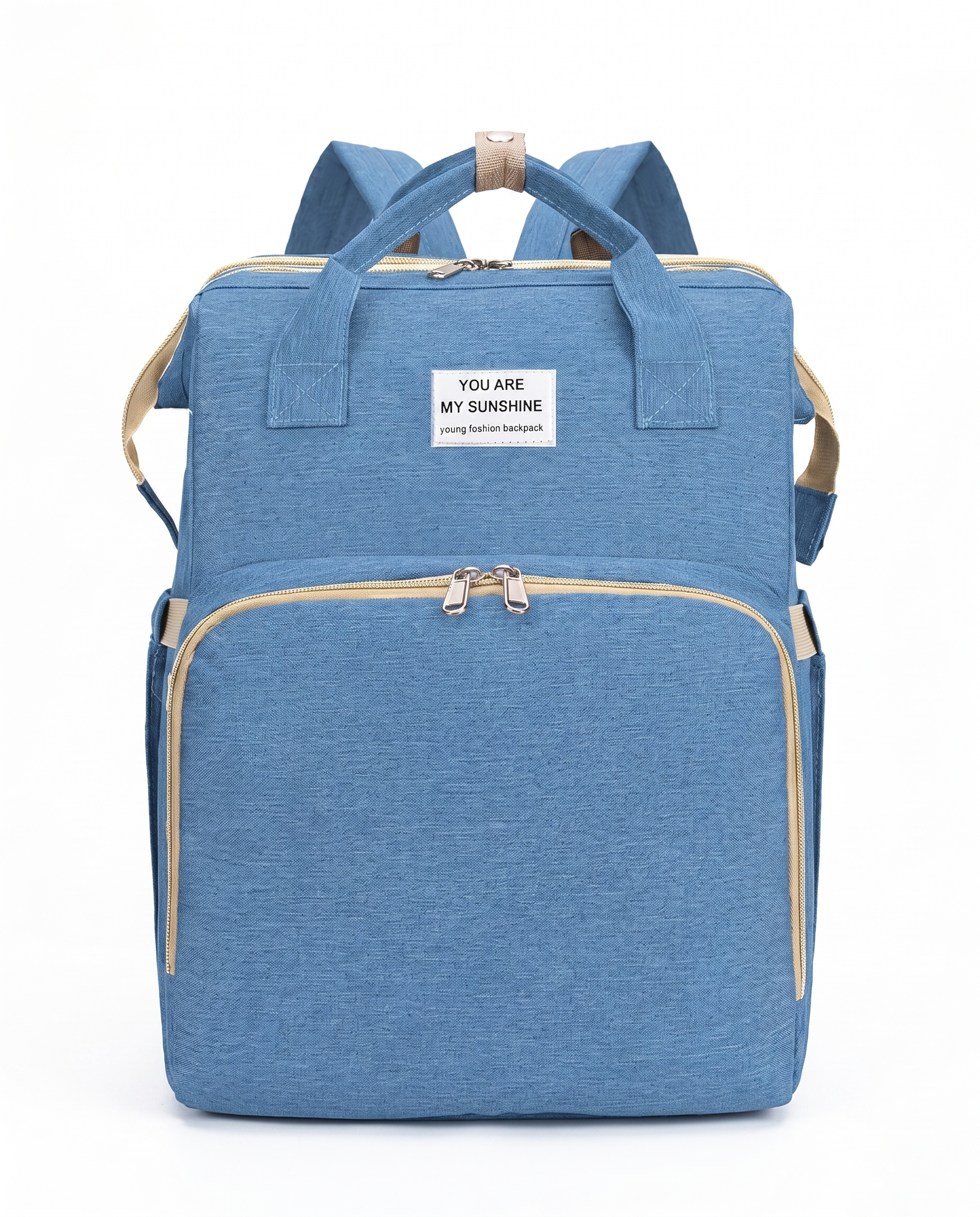 Sky blue foldable nappy bag backpack with beige trim and multiple zip compartments for new parents