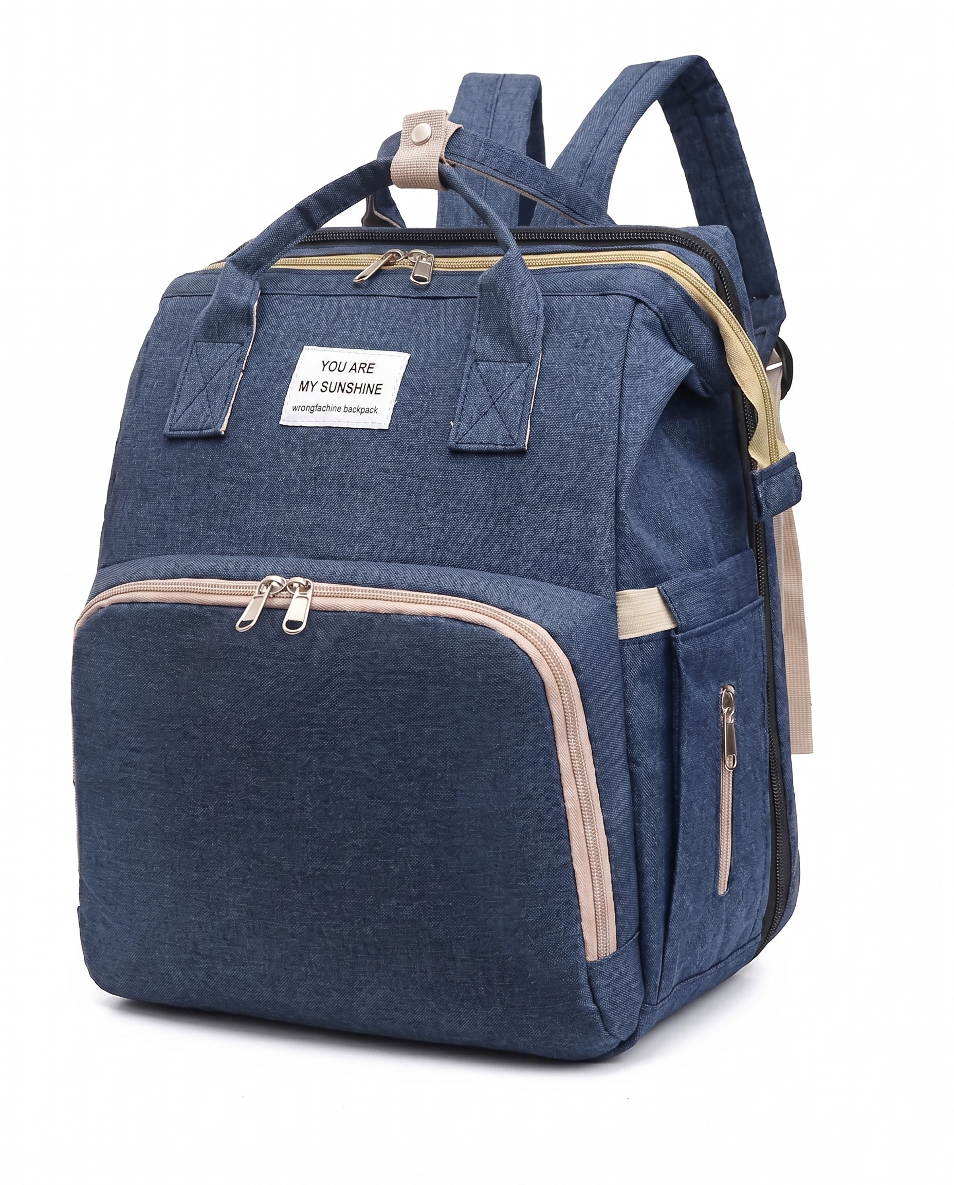 Deep navy blue baby nappy backpack with large front pocket and gold zip detail