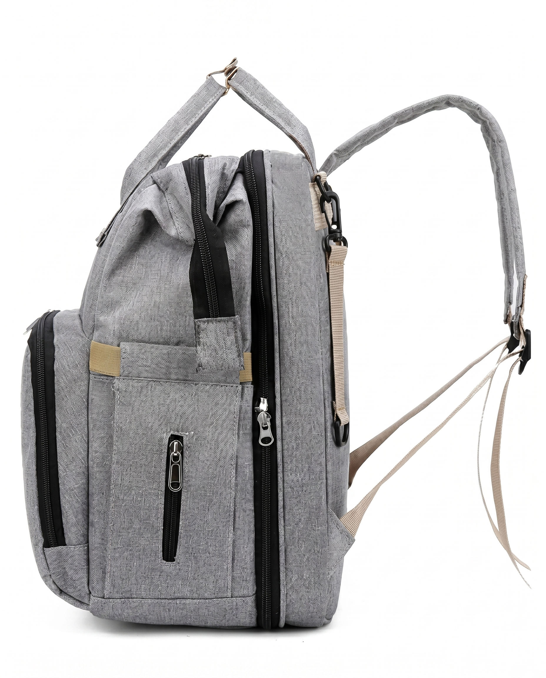 Grey baby diaper bag backpack side view with insulated bottle pocket and padded back panel