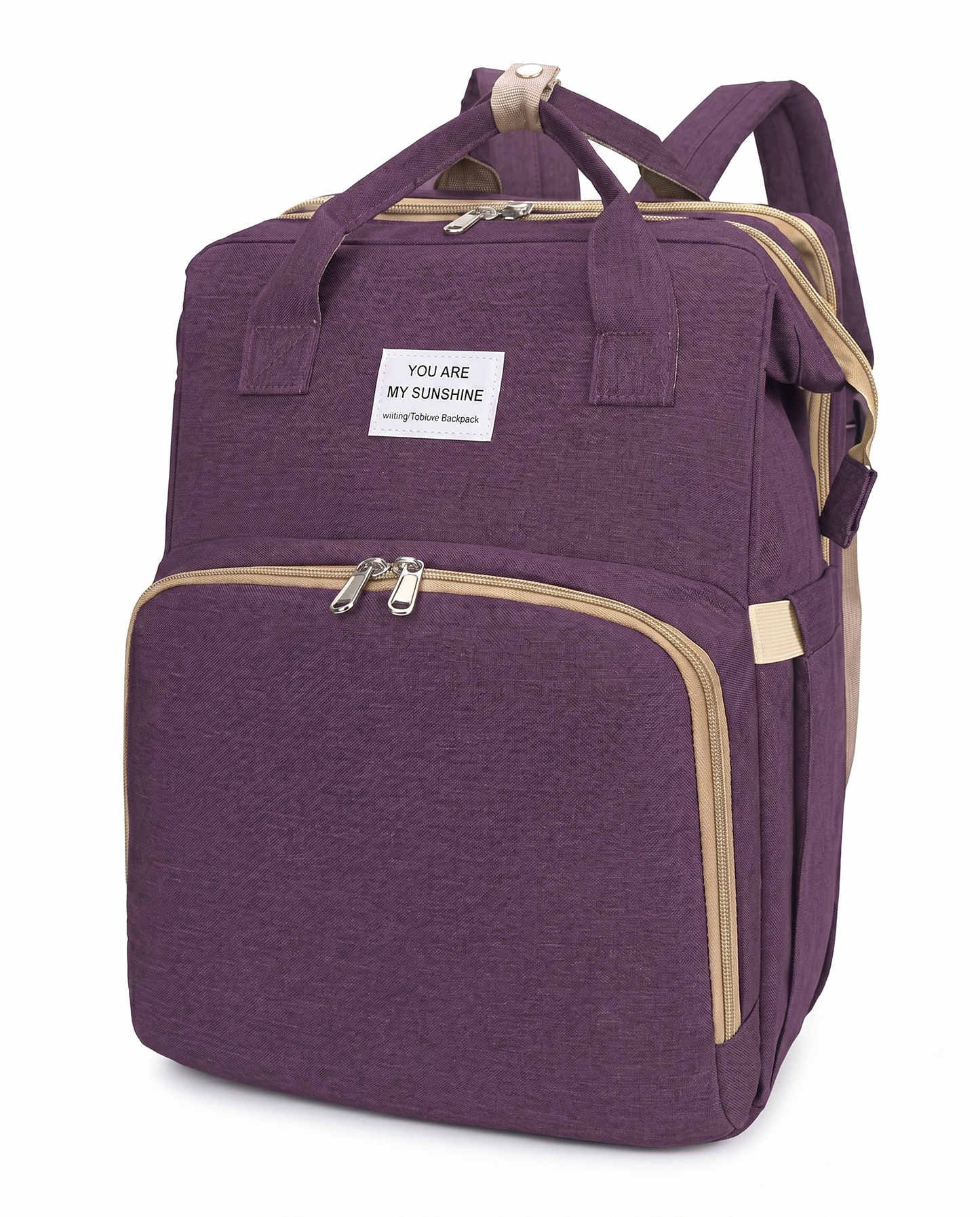 Large purple baby nappy bag backpack with dual carry handles and wide front zipper pocket