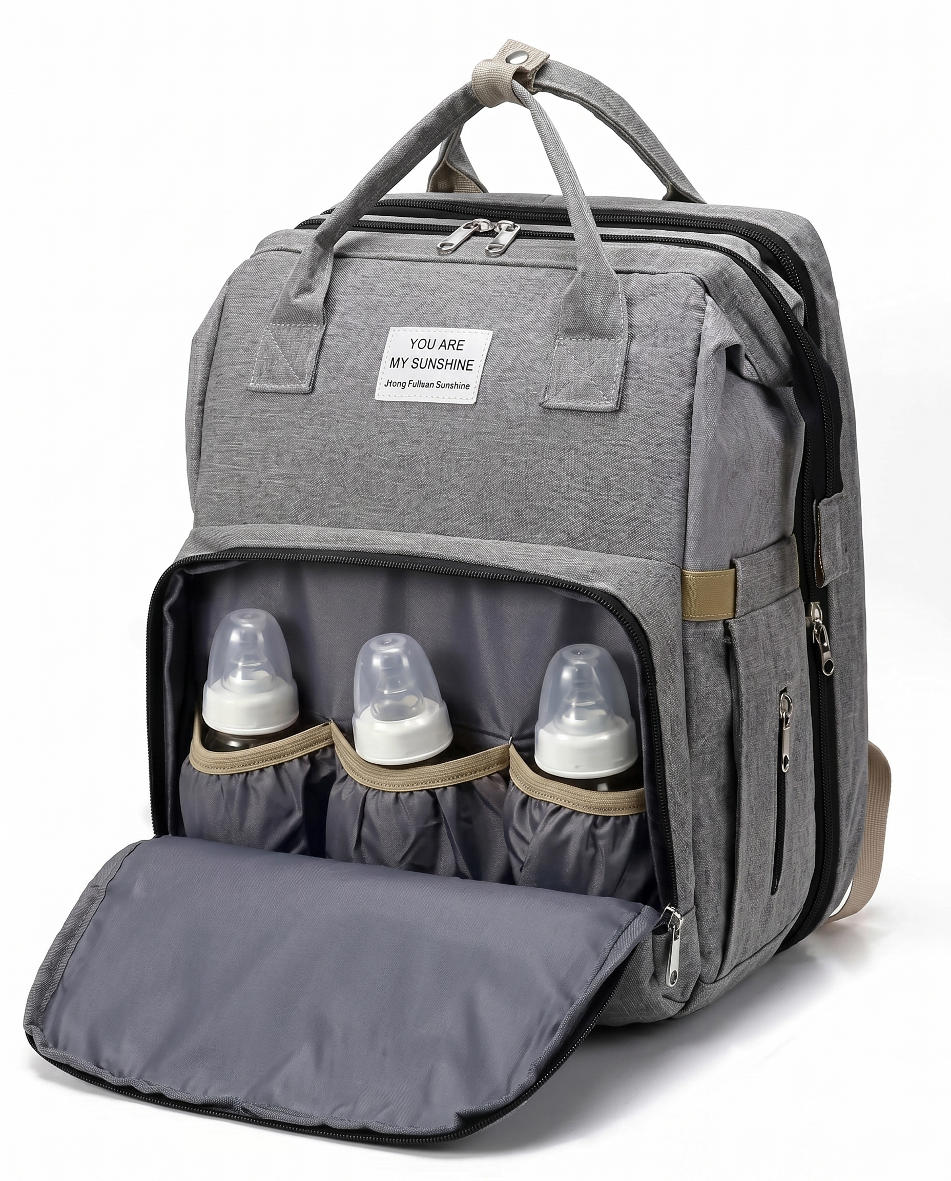 Grey baby nappy backpack with open front pocket holding three insulated baby feeding bottles