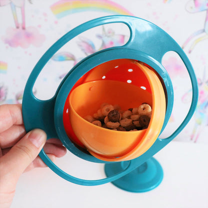 Spill proof gyro bowl for kids holding cereal snacks, ideal for mess free eating.