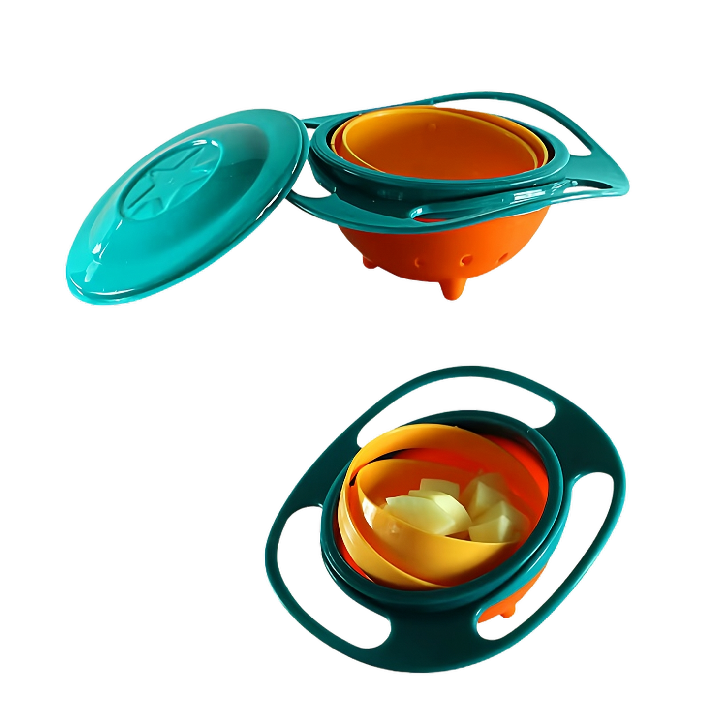 Kids gyro bowl with removable lid showing inner rotating bowl and spill resistant design.