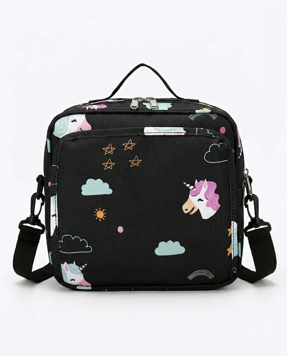 Baby nappy bag black unicorn design with double zip and adjustable shoulder strap on white background