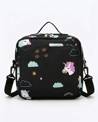 Baby nappy bag black unicorn design with double zip and adjustable shoulder strap on white background