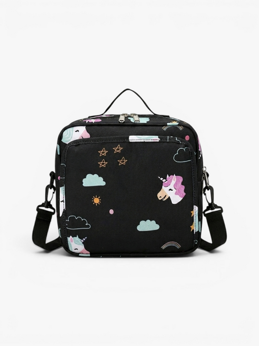 Compact nappy bag with bottle holder and pram clip in black unicorn print | Early Nest Australia