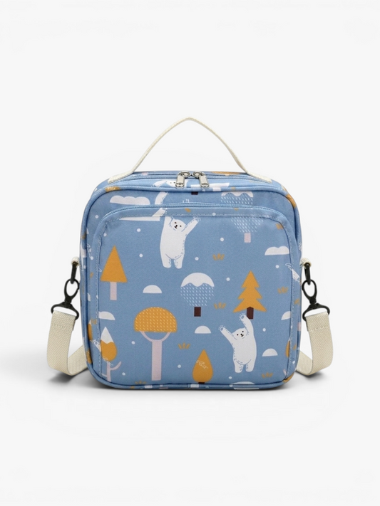 Compact nappy bag with bottle holder and pram clip in blue bear print | Early Nest Australia