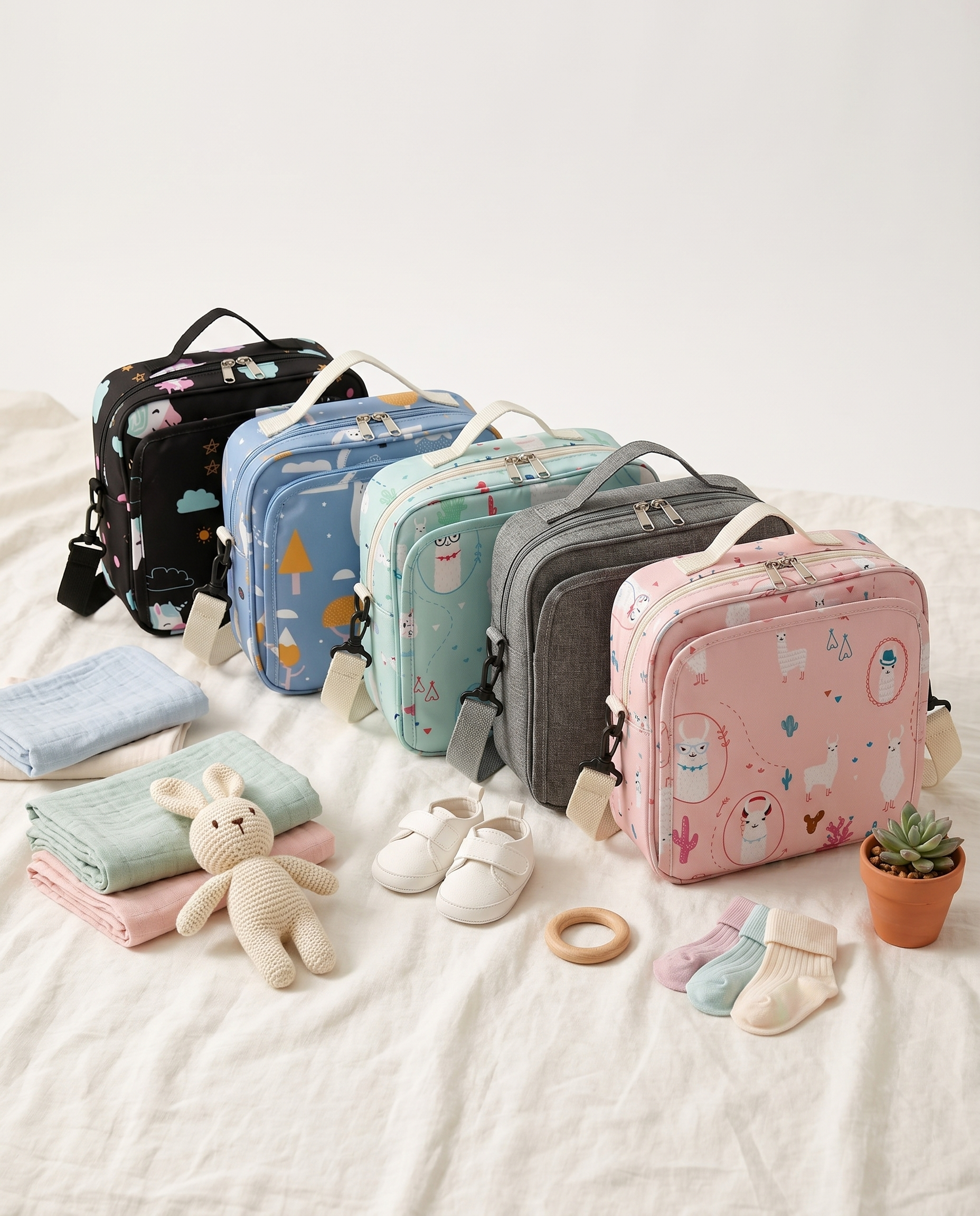 Collection of nappy bags in five prints including black unicorn, blue bears, mint alpaca, grey, and pink alpaca