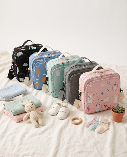 Collection of nappy bags in five prints including black unicorn, blue bears, mint alpaca, grey, and pink alpaca