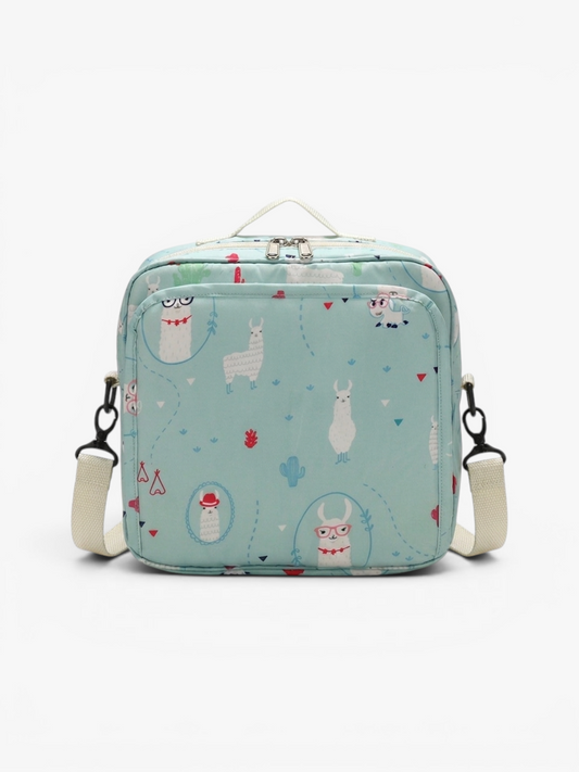 Compact nappy bag with bottle holder and pram clip in green alpaca print | Early Nest Australia