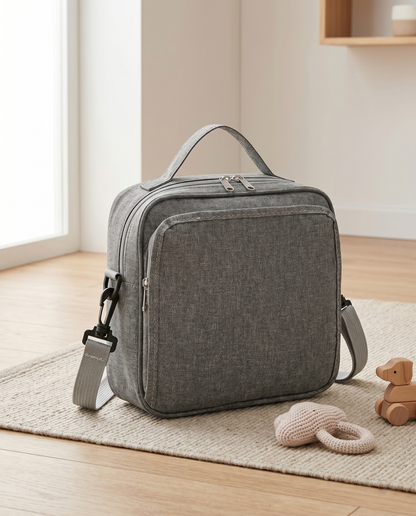 Neutral grey nappy bag with top handle and crossbody strap styled with wooden baby toys on nursery rug