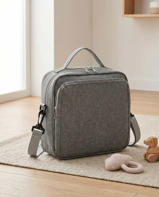 Neutral grey nappy bag with top handle and crossbody strap styled with wooden baby toys on nursery rug