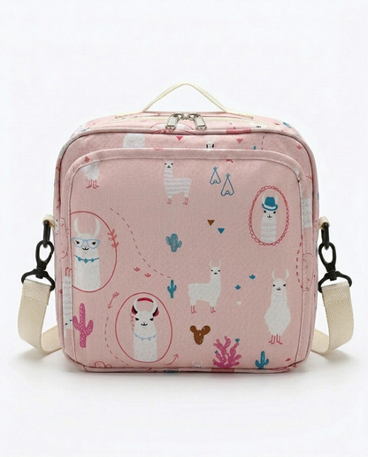 Baby nappy bag pink alpaca print with cream canvas strap and double zip closure on white background