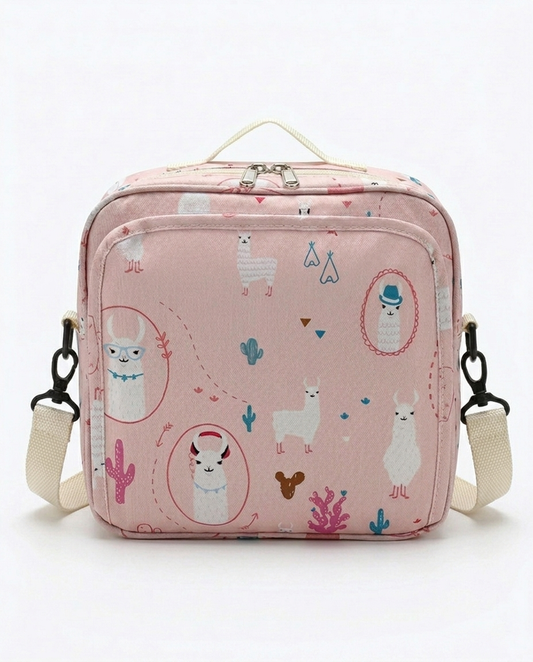 Baby nappy bag pink alpaca print with cream canvas strap and double zip closure on white background