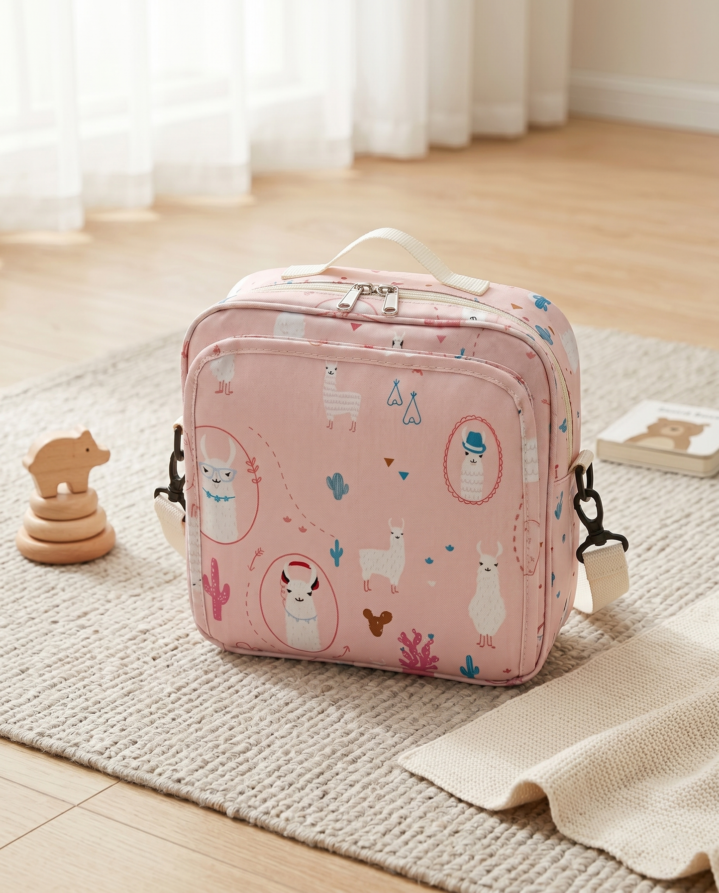 Pink nappy bag alpaca print with crossbody strap styled with wooden baby toys on play mat