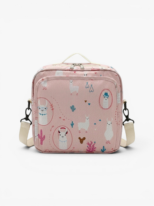 Compact nappy bag with bottle holder and pram clip in pink alpaca print | Early Nest Australia
