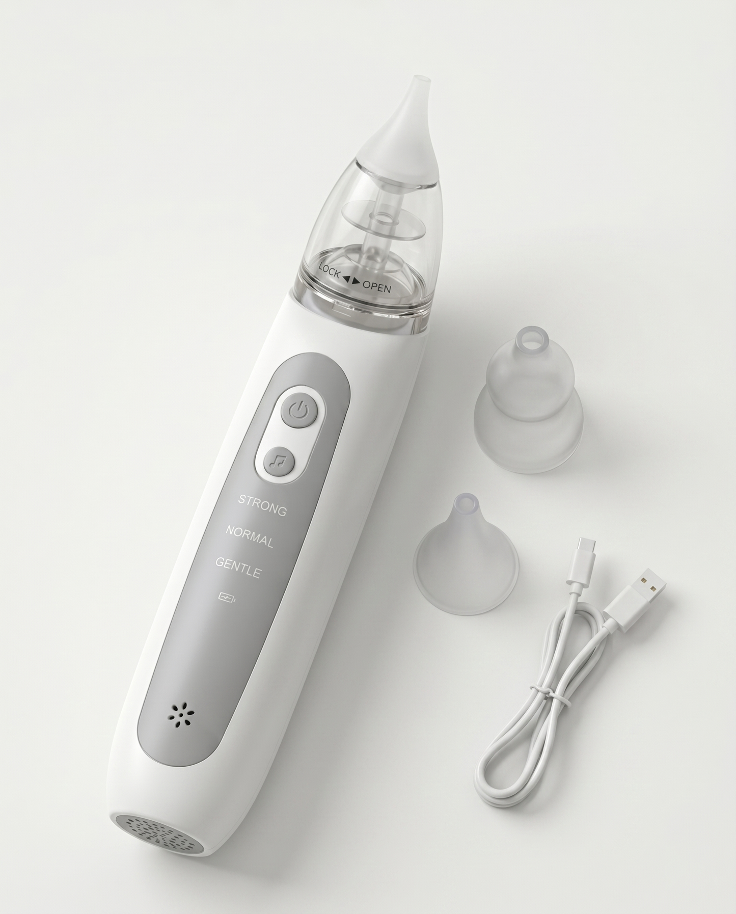 Electric nasal aspirator for babies complete kit with 2 interchangeable silicone tips and USB charging cable included