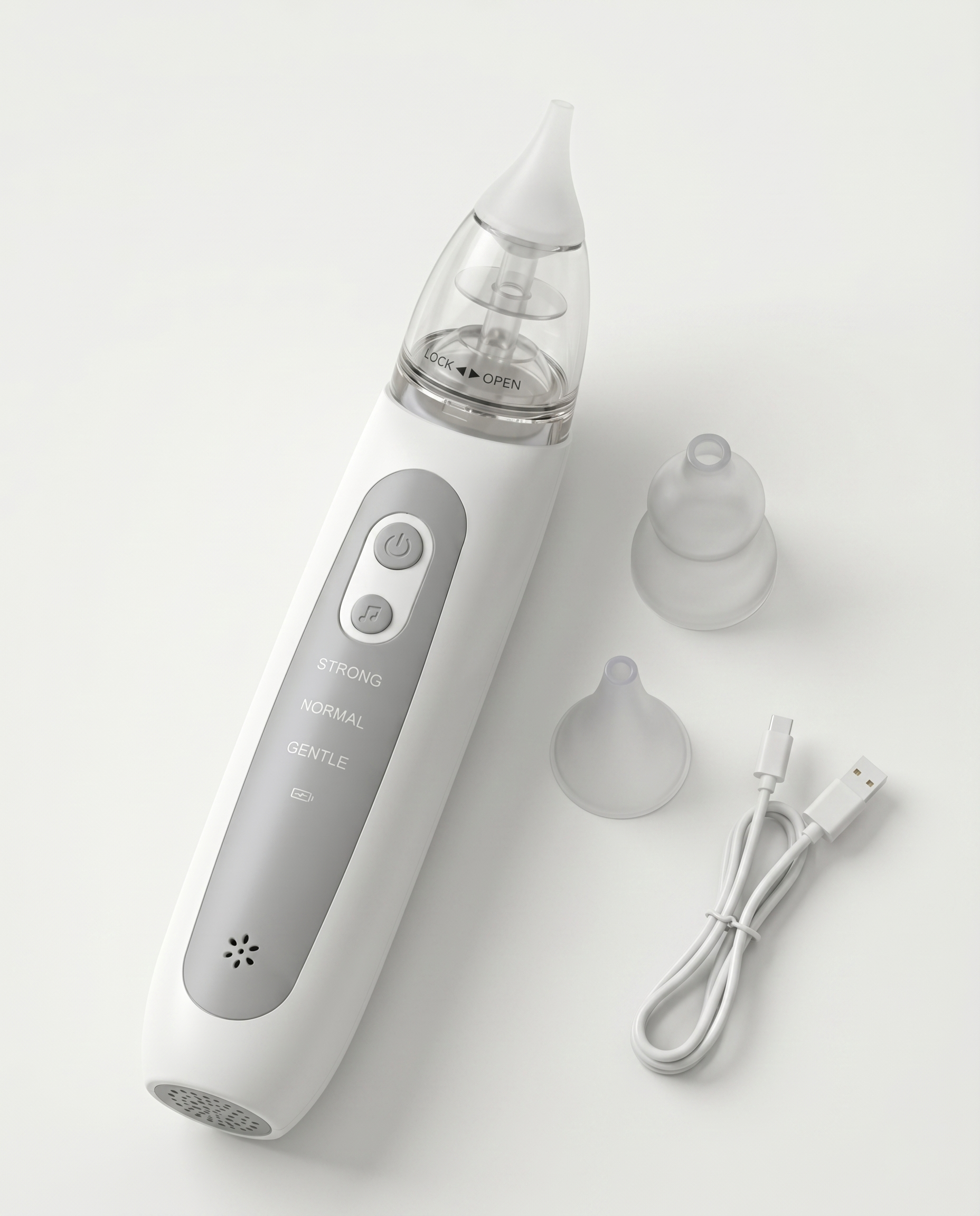 Electric nasal aspirator for babies complete kit with 2 interchangeable silicone tips and USB charging cable included