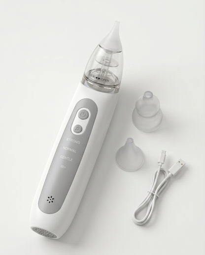 Electric nasal aspirator for babies complete kit with 2 interchangeable silicone tips and USB charging cable included