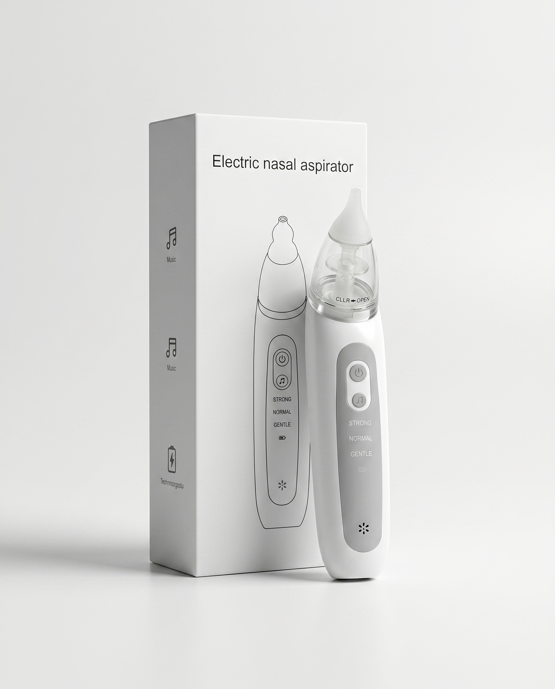 Electric nasal aspirator for babies with packaging, 3 suction modes strong normal and gentle, music function and USB charging