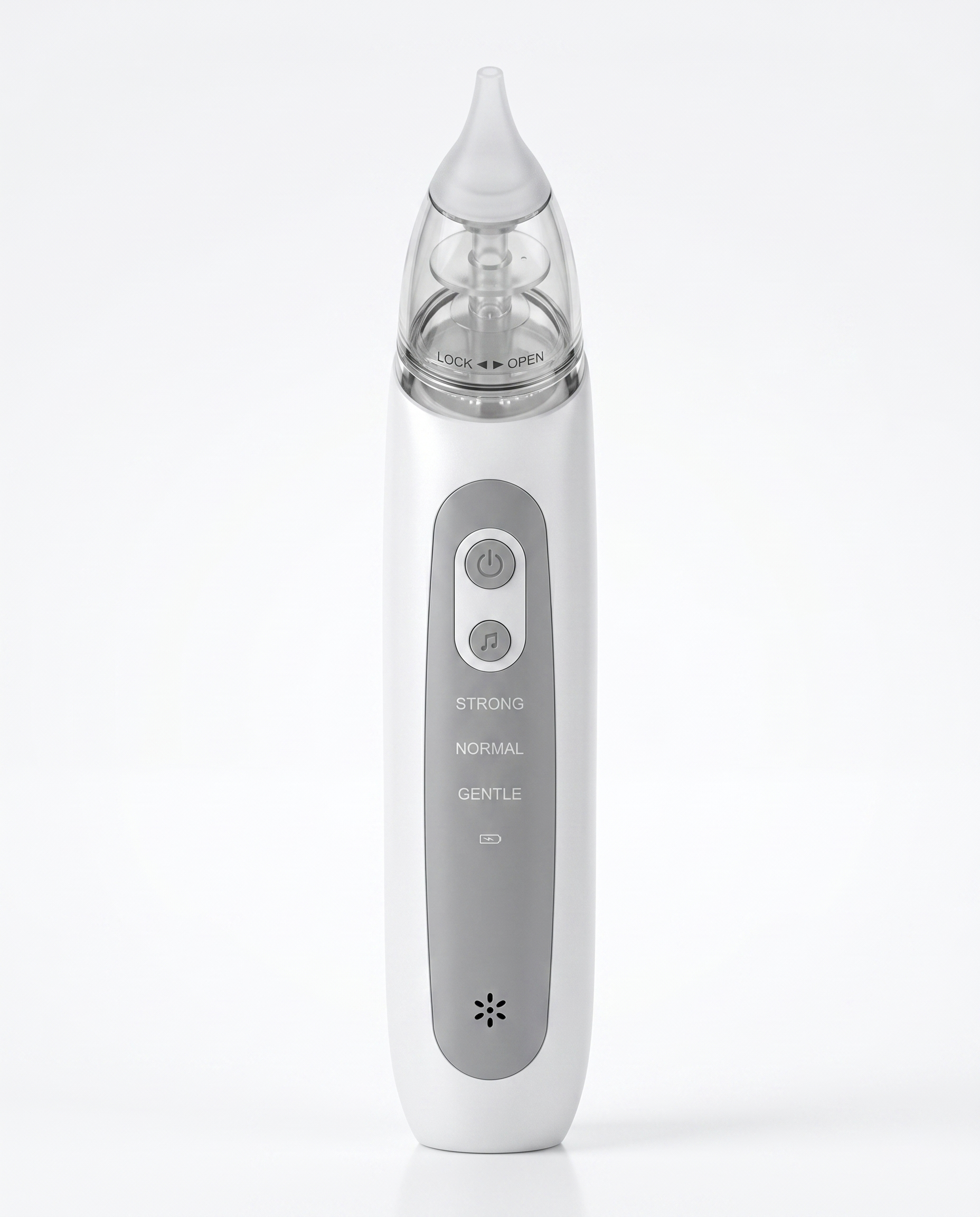 White electric baby nasal aspirator with silicone tip, power and music buttons, battery indicator and adjustable suction modes