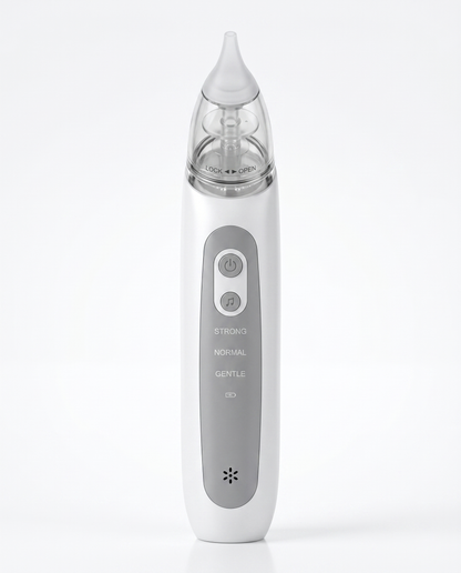 White electric baby nasal aspirator with silicone tip, power and music buttons, battery indicator and adjustable suction modes