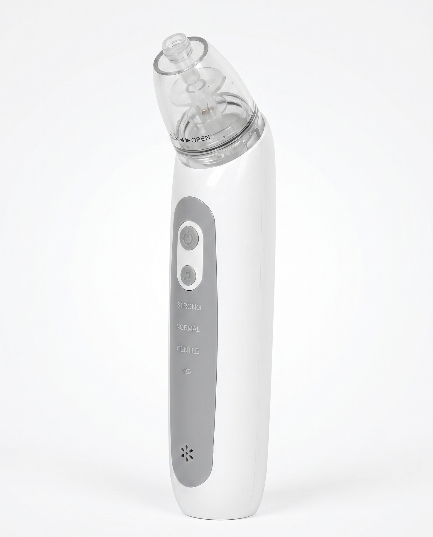 Electric baby nasal aspirator with removable transparent collector and LOCK/OPEN twist system for easy cleaning