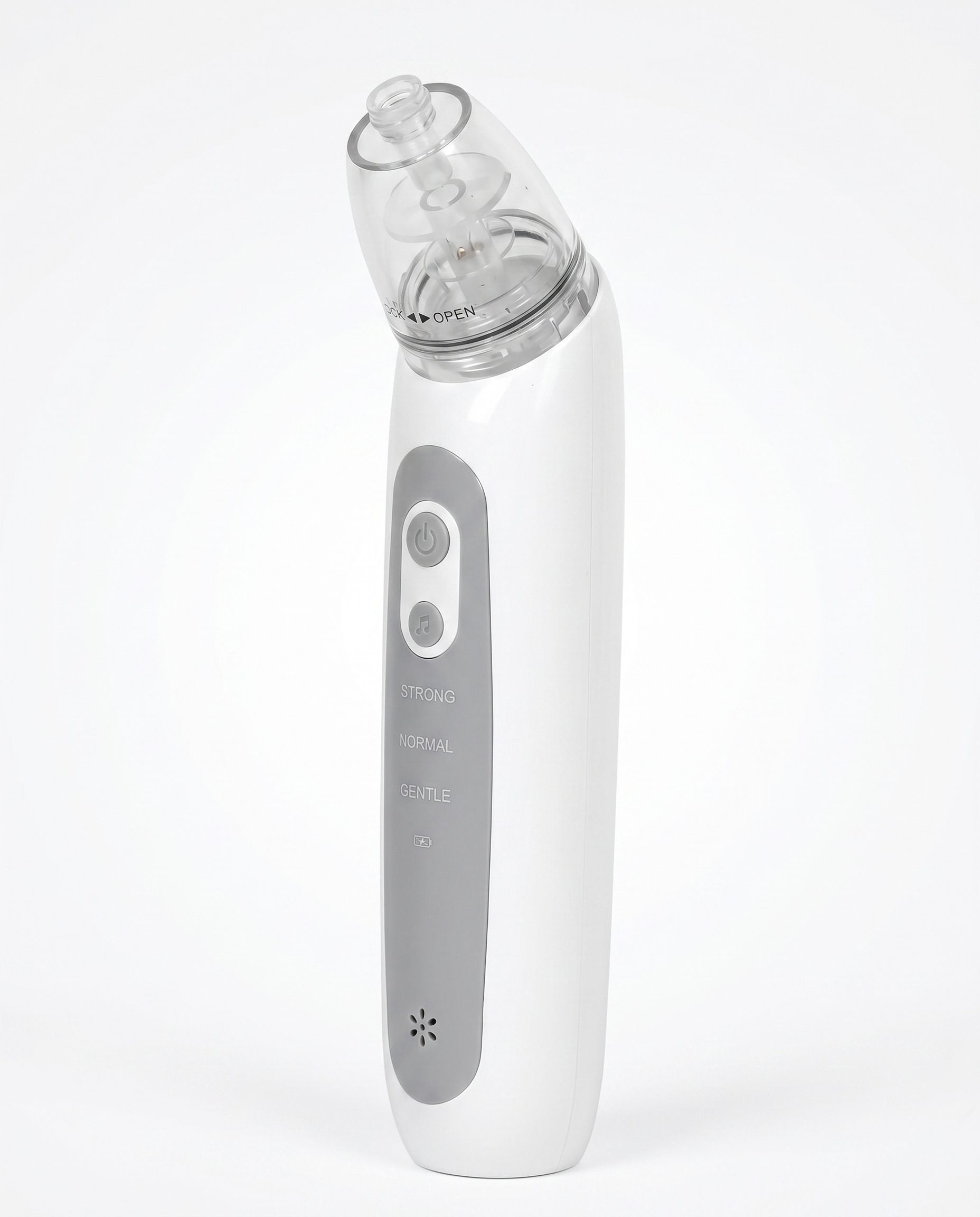 Electric baby nasal aspirator with removable transparent collector and LOCK/OPEN twist system for easy cleaning