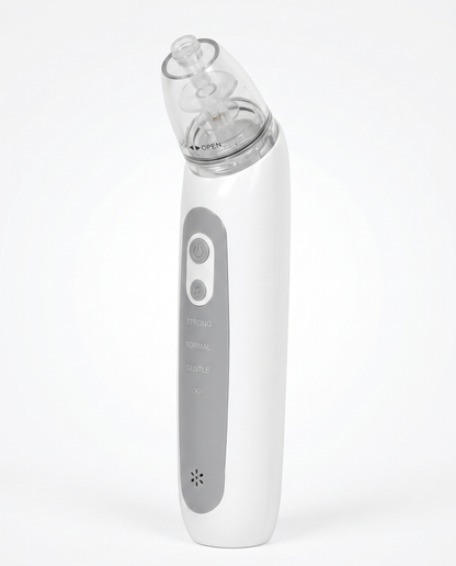 Electric baby nasal aspirator with removable transparent collector and LOCK/OPEN twist system for easy cleaning