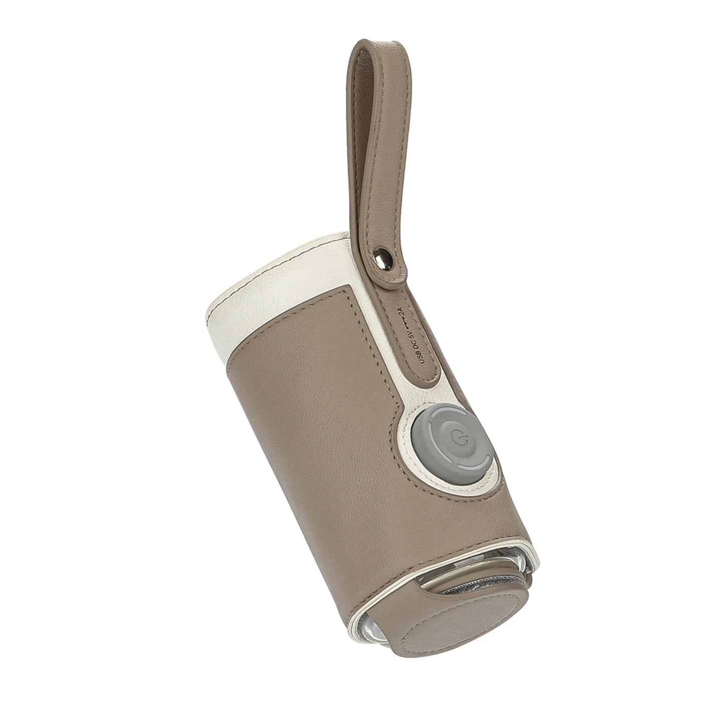 Portable USB Baby Bottle Warmer in brown with insulated cover, USB power button and travel strap.