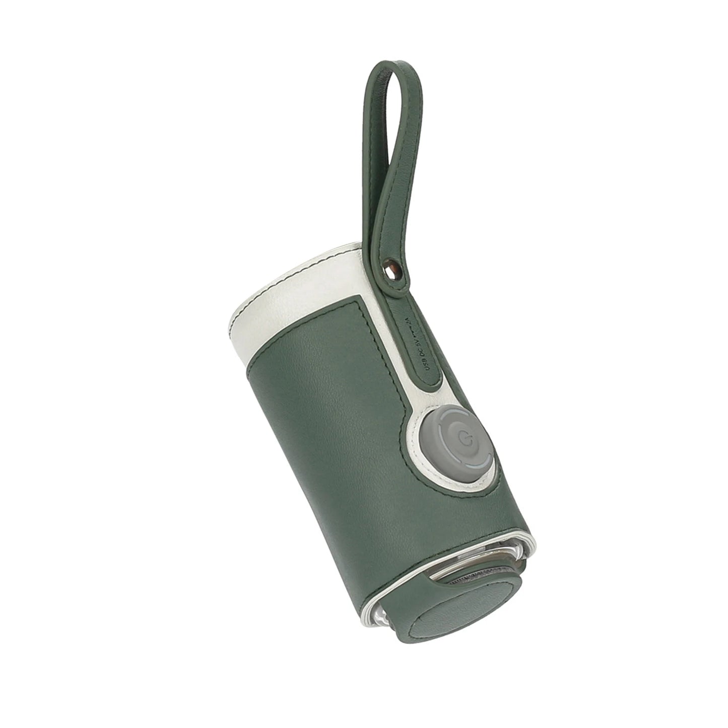 Portable USB Baby Bottle Warmer in green with insulated sleeve, USB powered heating and strap.
